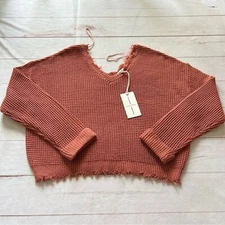 NWT Moon & Madison Cropped distressed frayed raw edge sweater Size L Rust