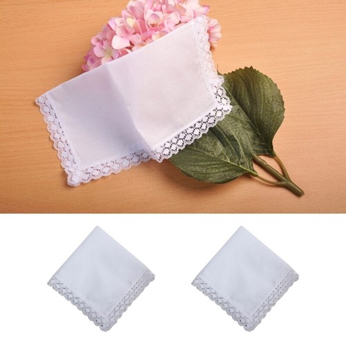 23x25cm Men Women Cotton Handkerchief Solid White Hankies Pocket Lace Trim Towel