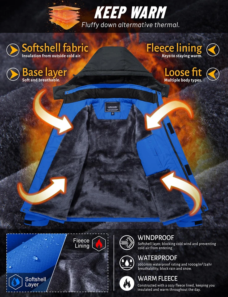 Men's Waterproof Ski Jacket Winter Warm Jackets Snow Thermal Fleece Work Coat US - Image 3 of 4