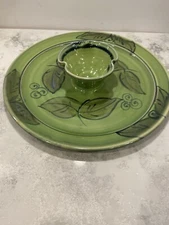 Studio Pottery chip and dip set Serving Dish green hand-painted handmade signed