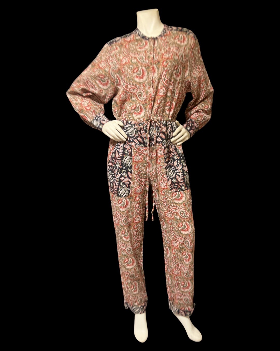 Zara Jumpsuit Paisley  Print Long Sleeve Straight Leg Cotton Boho Button Front S-image