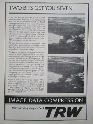 8/1977 PUB TRW IMAGE DATA COMPRESSION TANK LANSAT SATELLITE ORIGINAL AD