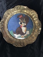 Old VINTAGE Framed DOG PUPPY Spaniel Tramp Needlepoint Finished