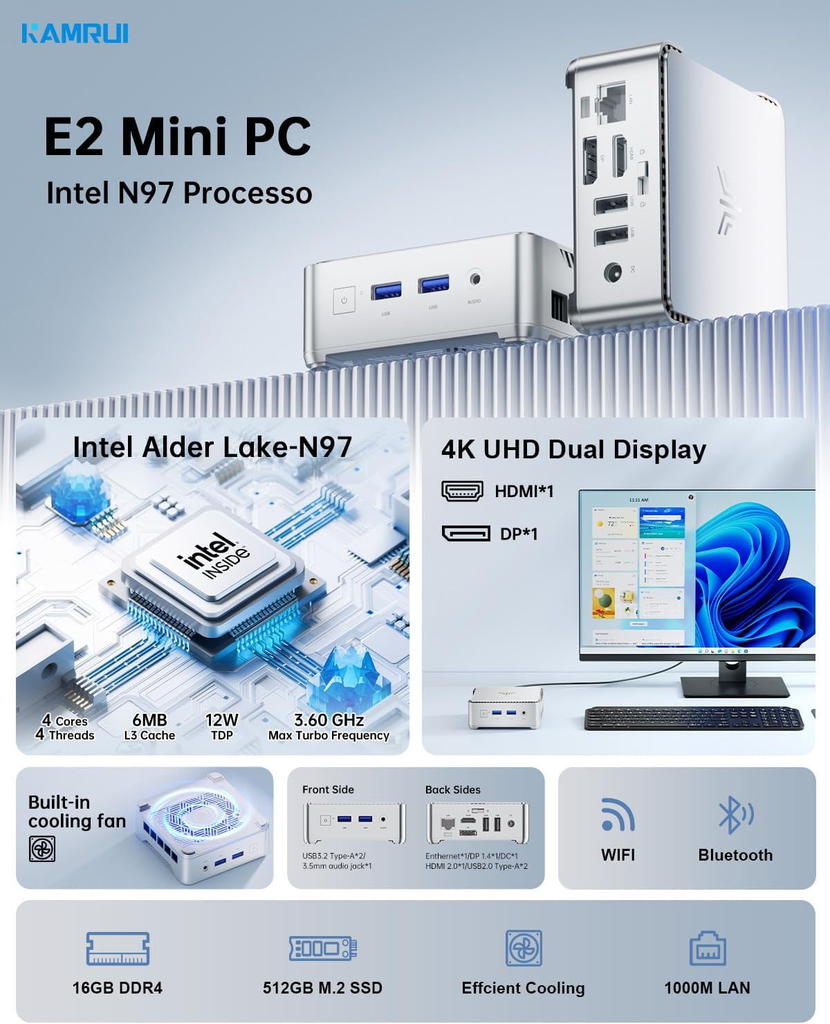 KAMRUI Essenx E2 Mini PC 16GB RAM 512GB SSD Dual 4K Output Alder Lake N97