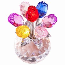 Handmade Crystal Colorful Rose Flower Figurine with Round Vase, Romantic Rose...