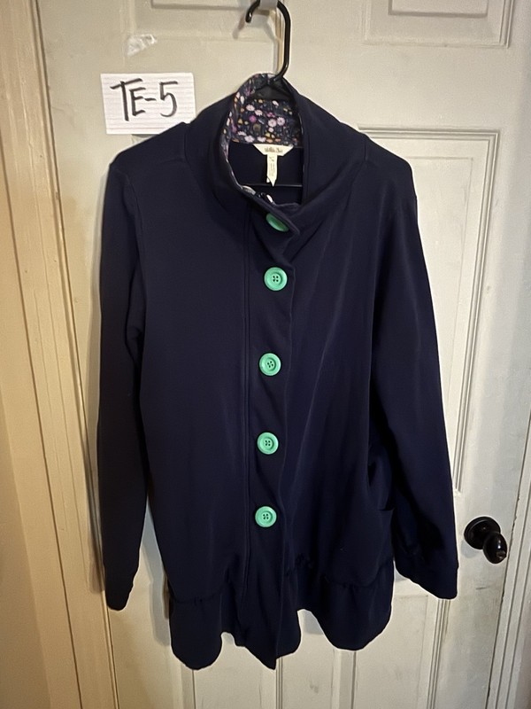 Matilda Jane Women's Navy Solid Button Front Long Jacket Pockets Relaxed L
