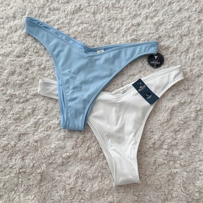 Hollister Swim blau weiß gerippt V vorne hohes Bein freche Bikinihose XL NEU