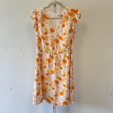 LOFT Outlet Floral Flutter Sleeve V-Neck Dress Orange Yellow White SP21 557376 S