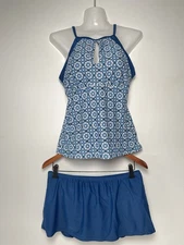 Ellen Tracy Blue Geometric Tankini Top Swim bikini with skirt set Women 10 Pads