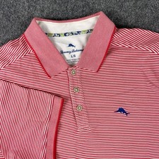 Tommy Bahama Polo Shirt Large Red Striped Pima Cotton Short Sleeve Casual Men's
