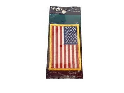 NWT American Flag Patch Applique Wrights Gold Trim Red White Blue 2 in By 3 in