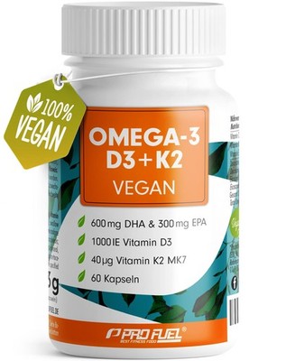 Omega 3 vegan D3 & K2 (60x) 1100mg Algenöl mit 600mg DHA & 300mg EPA 1000 IE