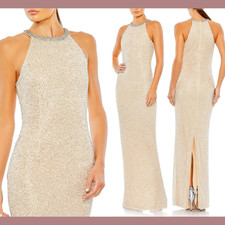 NWT Mac Duggal [ 12 ] 93742 Beaded Sleeveless High Neck Column Gown Nude S798
