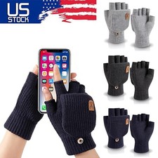 Men Women Winter Wool Knitted Gloves Convertible Fingerless Mittens Flap Cover