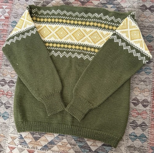 Reiss, VTG Gunn Reiss M Fair Isle Wool Knit Handmade Norway Pullover Sweater Green