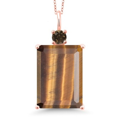18K Rose Gold Plated Silver Brown Tiger Eye and Smoky Quartz Pendant Necklace