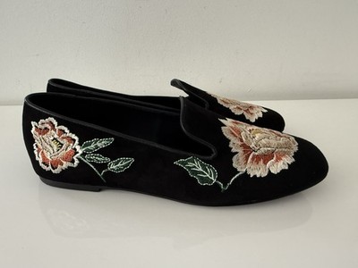 NWOB $245 NATORI Edda Suede Embroidered Loafers Shoes Black Suede 9M