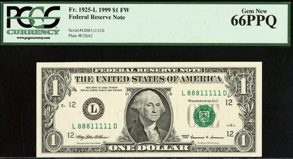 1999 & 2009 $1 FRN PCGS 66PPQ Fancy Binary Serial Number 11111888/88811111 - Image 4 of 4