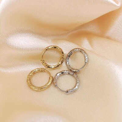 8-16mm Woman 14K Gold Plated Texture Round Huggie Hoop Earring