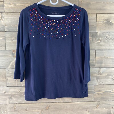 Talbots Womens Shirt 3/4 Sleeve Pom Pom Embellishment Blue Cotton Size Medium