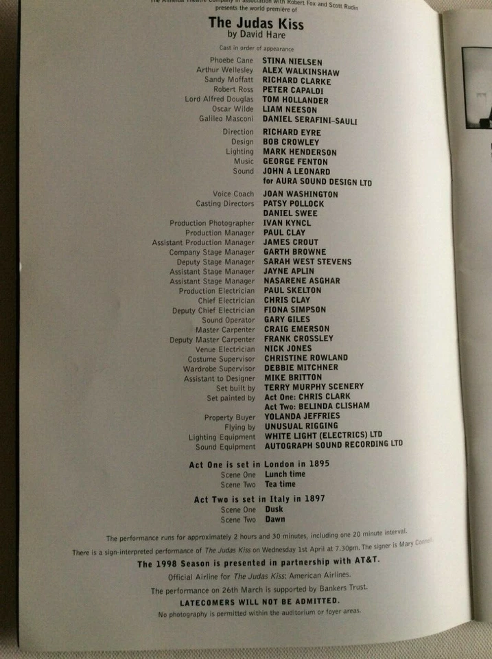 David Hare Liam Neeson The Judas Kiss Almeida Playhouse Theatre Programme 1998 - Image 2 of 2