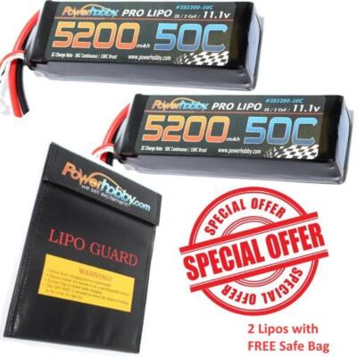PowerHobby 3S 11.1V 5200mAh 50C Lipo Battery 2 Pack Deans Plug w/ Lipo Safe Bag
