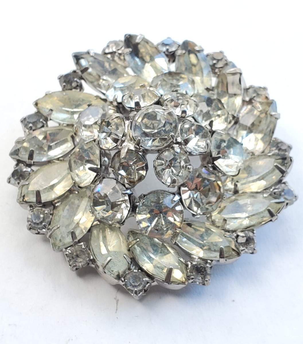 【Sinoon】 Round Floral Brooch / 追跡付 Vintage Smokey & Clear Rhinestone Round Flower Brooch Pin | eBay