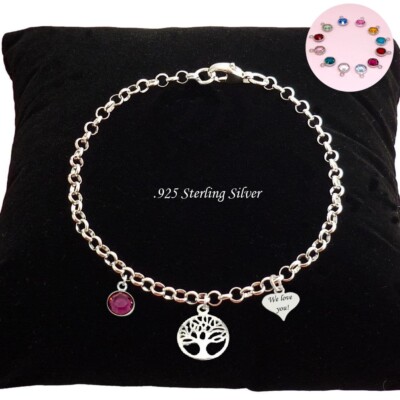 Engraved 925 Silver Bracelet, Tree of Life & Birthstone, Engraving, Personalised