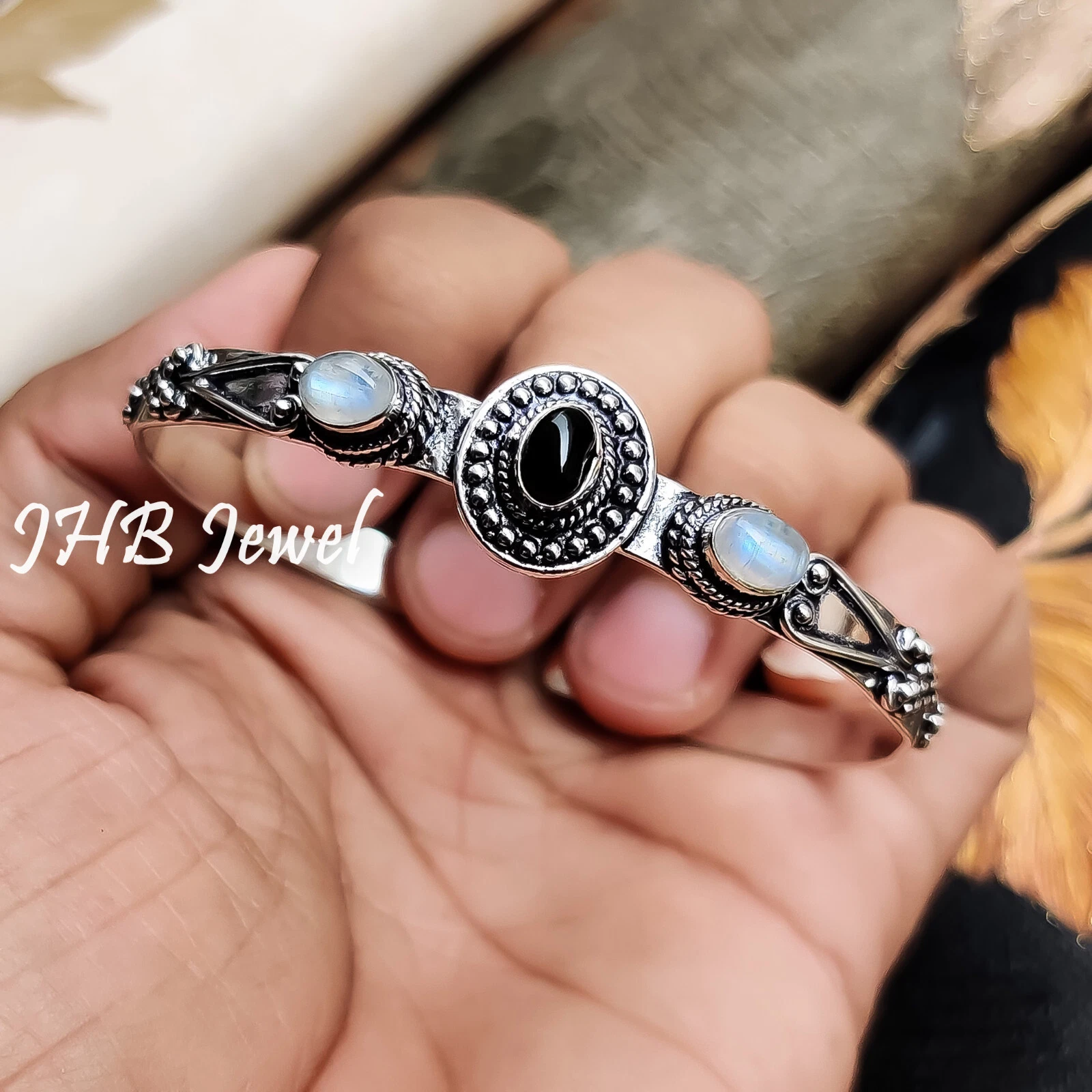 VALENTINO Bracciale Bracciale Pietra di Luna Arcobaleno e Pietra Preziosa Onice Nero 925 Argento Sterling 925