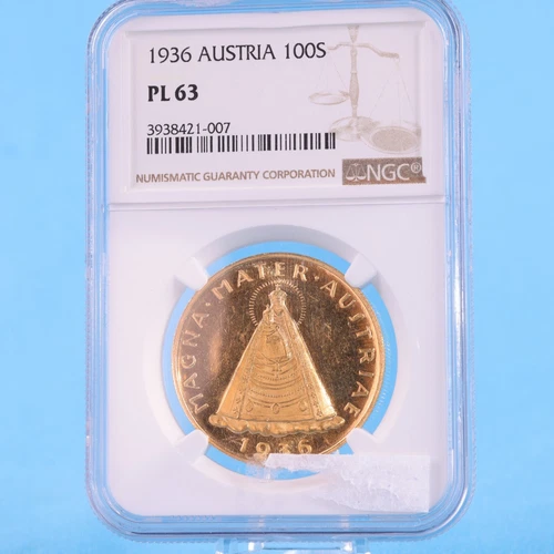 Austria 100 Shillings 1936 Mariazell Madonna 23.52g - 900 Gold NGC PL 63