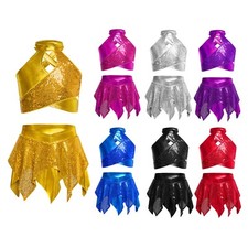 Kids Girls Vest Ans Skirts Shiny Outfit Ballet Crop Top With Skirt Performance