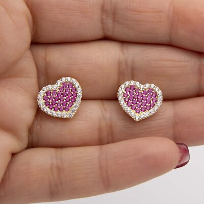 1/2'' Pink Heart Stud Earrings Real 10K Yellow Gold