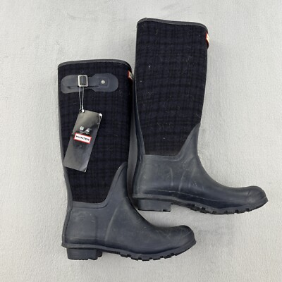 Hunter Boots Womens 9M 10F Arlen Blue Plaid Black Waterproof Lined Pull On NWT