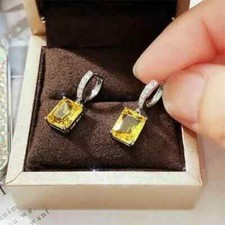 2Ct Emerald Cut Lab Created Citrine Drop/Dangle Earring 14K White Gold Plated