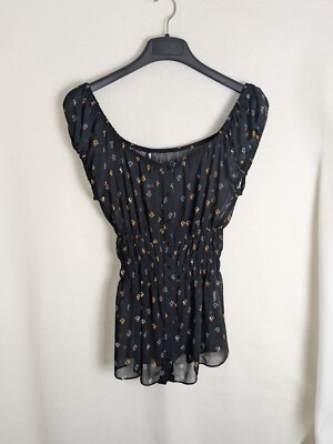 Zara Basic Damen Gr. Medium Schwarz Geblümt Cold Shoulder Top Bluse
