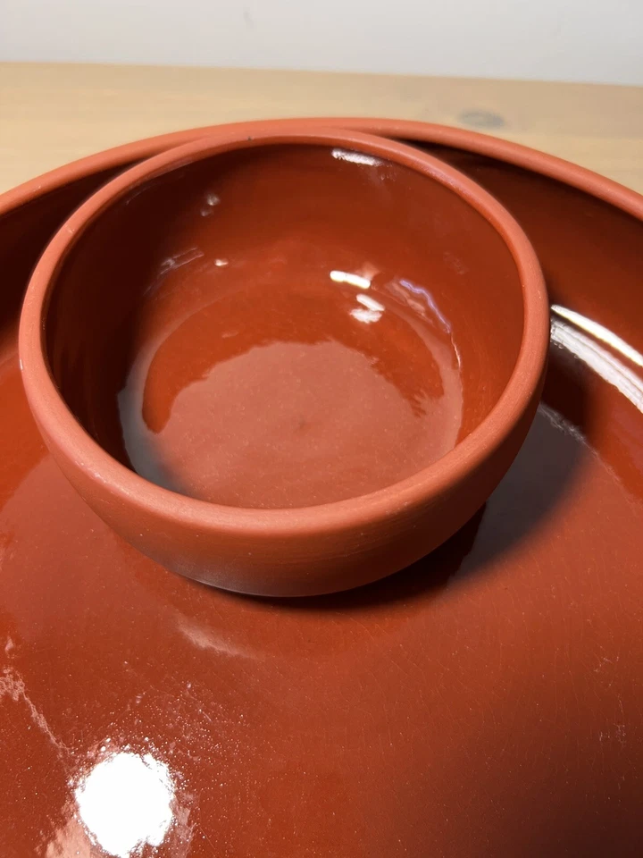 VTG BORTNER & BORTNER TerraCotta Glazed Round Chip & Dip Serving Tray Bowl 10” - Image 3 of 4