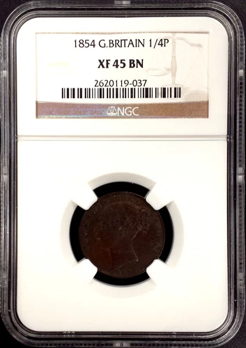 1854 Farthing (1/4 P) Great Britain, certified XF 45 BN by NGC! 