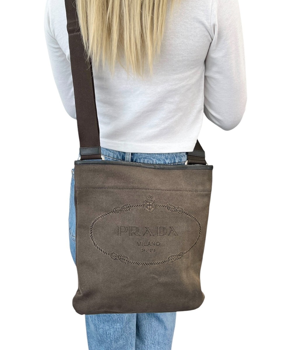 PRADA Vintage Logo Crossbody Shoulder Bag Brown Silver Cotton