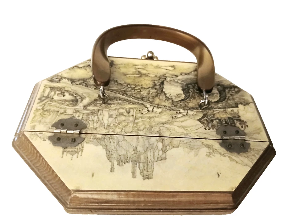 复古 Anton Pieck 木制八边形装饰盒钱包 Lucite 手工稀有衬里 — 第 4/4 张图片