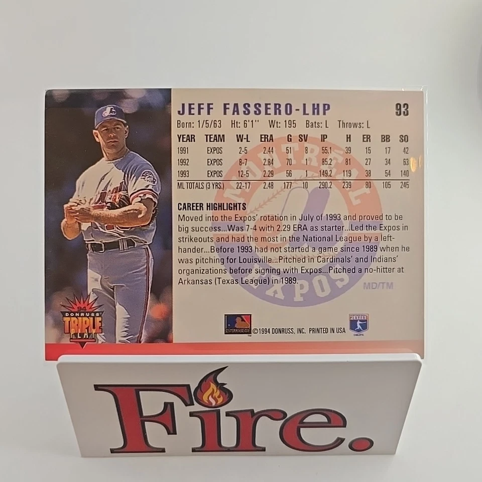 1994 Donruss Triple Play - Jeff Fassero #93 Montreal Expos  - Image 4 of 4