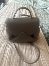 Taupe Pebbled Leather Top Handle Bag Solid Oval Shape Shoulder Strap Women's