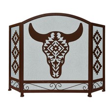 3-Panel Fireplace Screen with Southwest Tribal Bull Skull Design