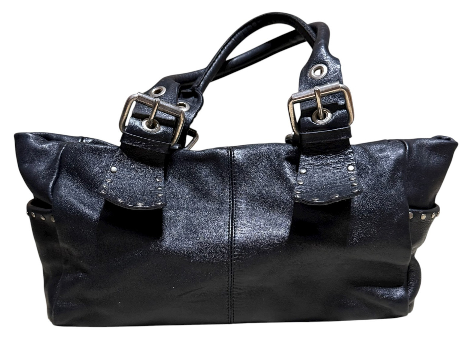 Vintage Y2K XL Argentine Black Leather Shoulder Bag Chunky Buckle Stud Edgy Chic