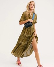 Free People Rare Feelings Boho Maxi Dress Green Prairie Flowy Cottage Size Small