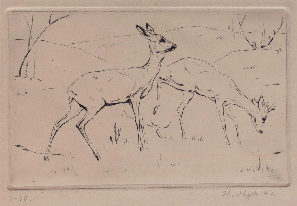 Hans Jäger Radierung Rehe eins von 30 Exemplaren signirt datiert und nummeriert - Bild 4 von 4