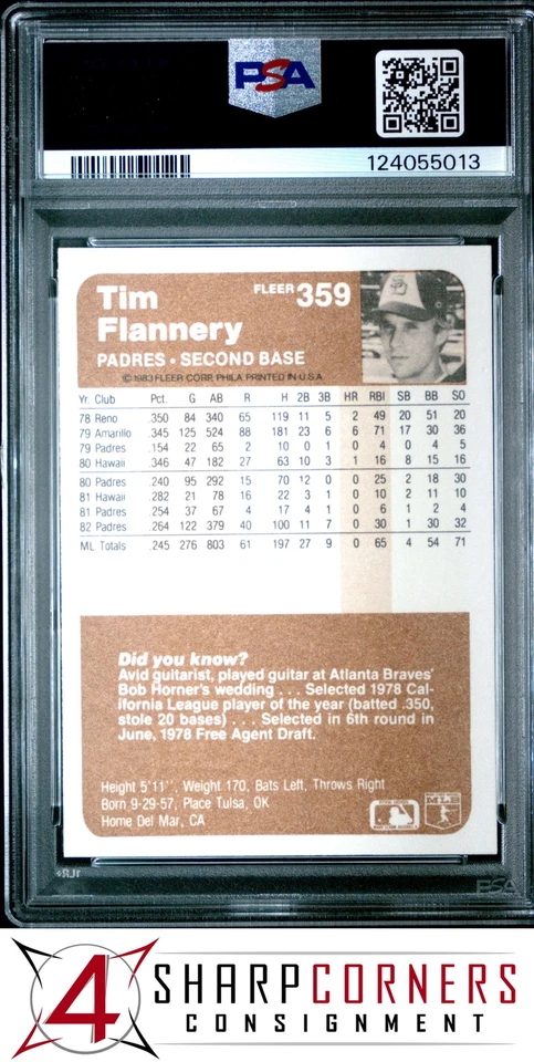 1983 FLEER #359 TIM FLANNERY PADRES POP 4 PSA 10 - Image 2 of 3