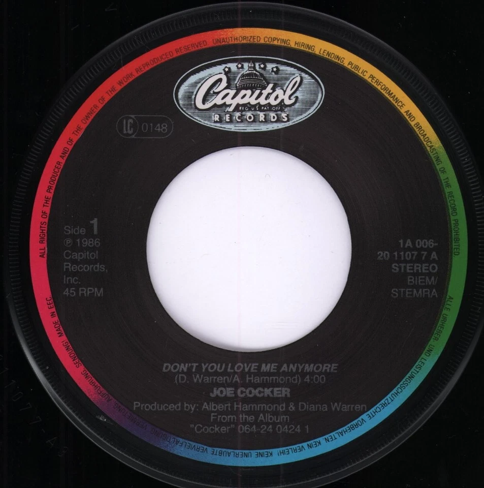 Joe Cocker Don't You Love Me Any More 7" vinyl Netherlands Capitol 1986 - pic - Image 3 of 3