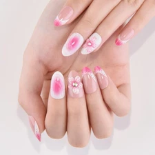 evpct 3D Flower French Tip Press on Nails Short Almond, Nude Pink White Gloss...