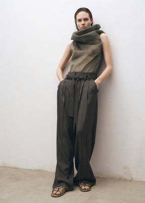 MNG Selection Sleeveless Sheer Blouse Green Draped Asymmetrical Funnel Neck 4