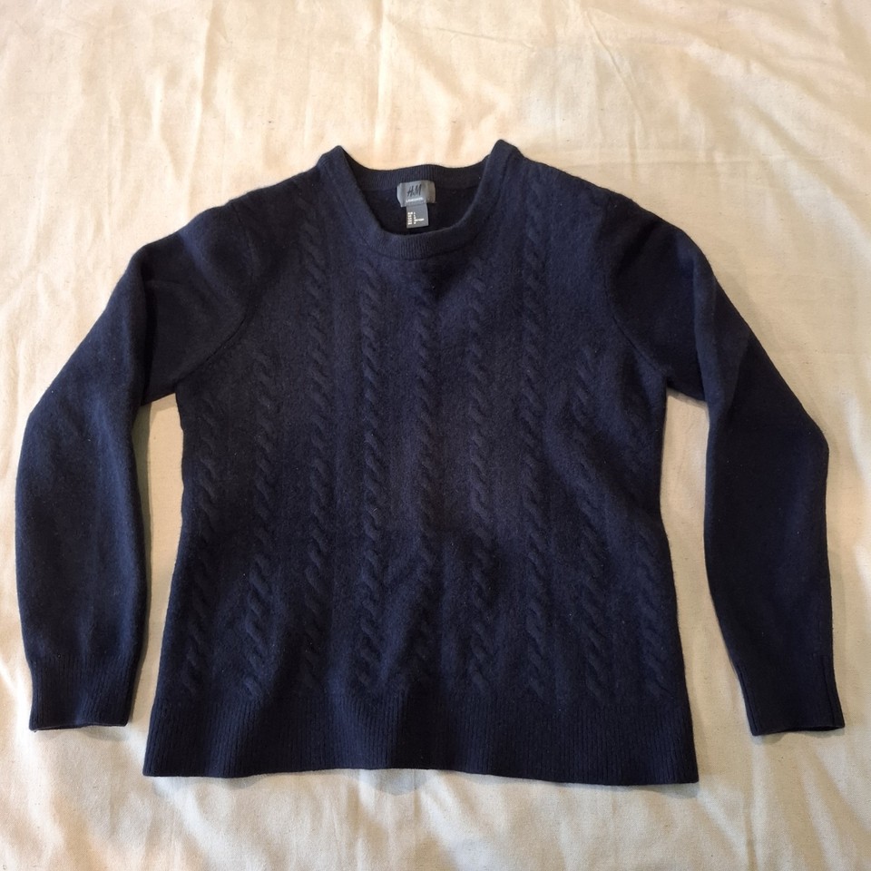 H&M Lambswool Cable Knit Jumper Navy Blue Crew Neck Womens Winter Knitwear